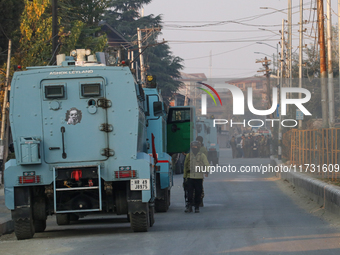 Indian paramilitary troopers remain alert near the encounter site in Srinagar, Indian Administered Kashmir, on November 2, 2024. Three milit...