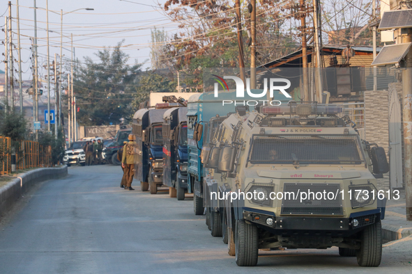 Armored paramilitary vehicles are near the encounter site in Srinagar, Indian Administered Kashmir, on November 2, 2024. Three militants are...