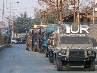 Armored paramilitary vehicles are near the encounter site in Srinagar, Indian Administered Kashmir, on November 2, 2024. Three militants are...