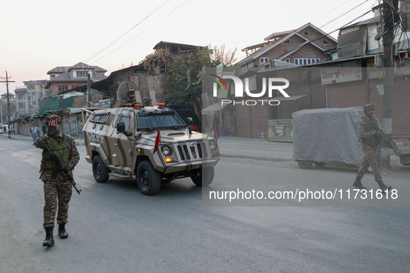 Indian paramilitary troopers patrol near the encounter site in Srinagar, Indian Administered Kashmir, on November 2, 2024. Three militants a...