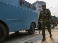 Indian paramilitary troopers patrol near the encounter site in Srinagar, Indian Administered Kashmir, on November 2, 2024. Three militants a...