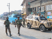 Indian paramilitary troopers patrol near the encounter site in Srinagar, Indian Administered Kashmir, on November 2, 2024. Three militants a...