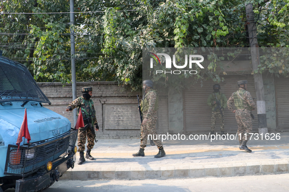 Indian paramilitary troopers patrol near the encounter site in Srinagar, Indian Administered Kashmir, on November 2, 2024. Three militants a...