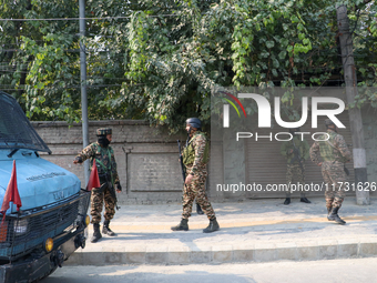 Indian paramilitary troopers patrol near the encounter site in Srinagar, Indian Administered Kashmir, on November 2, 2024. Three militants a...