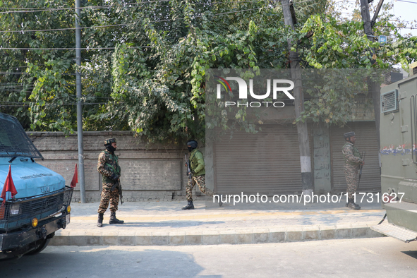 Indian paramilitary troopers patrol near the encounter site in Srinagar, Indian Administered Kashmir, on November 2, 2024. Three militants a...