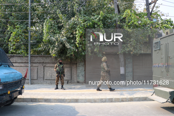 Indian paramilitary troopers patrol near the encounter site in Srinagar, Indian Administered Kashmir, on November 2, 2024. Three militants a...