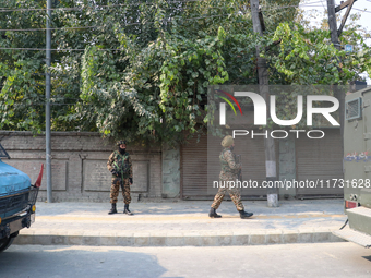 Indian paramilitary troopers patrol near the encounter site in Srinagar, Indian Administered Kashmir, on November 2, 2024. Three militants a...