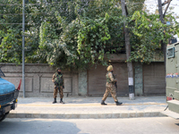 Indian paramilitary troopers patrol near the encounter site in Srinagar, Indian Administered Kashmir, on November 2, 2024. Three militants a...