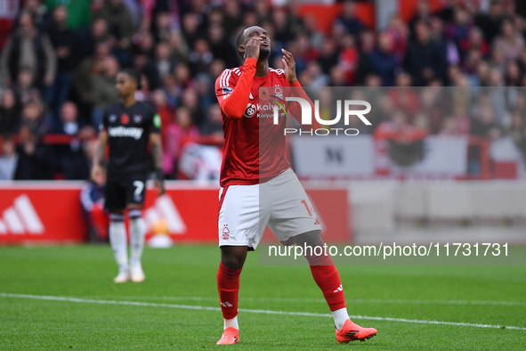 Callum Hudson-Odoi of Nottingham Forest reacts after a missed opportunity at goal during the Premier League match between Nottingham Forest...