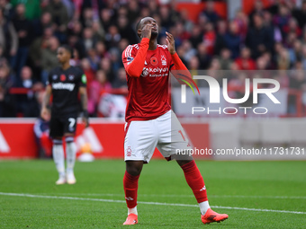 Callum Hudson-Odoi of Nottingham Forest reacts after a missed opportunity at goal during the Premier League match between Nottingham Forest...