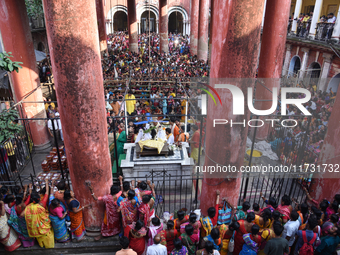 Hindu devotees participate in the 'Annakut' or 'Govardhan Puja' festival at the Madan Mohan temple in Kolkata, India, on November 2, 2024. G...