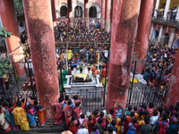 Hindu devotees participate in the 'Annakut' or 'Govardhan Puja' festival at the Madan Mohan temple in Kolkata, India, on November 2, 2024. G...