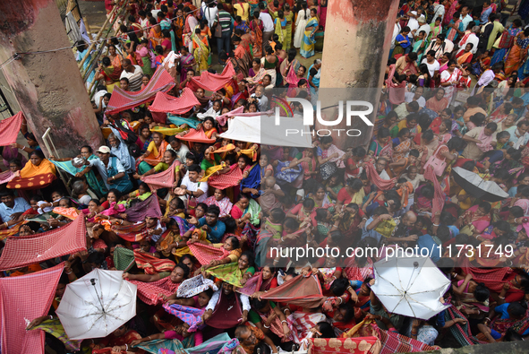 Hindu devotees participate in the 'Annakut' or 'Govardhan Puja' festival at the Madan Mohan temple in Kolkata, India, on November 2, 2024. G...