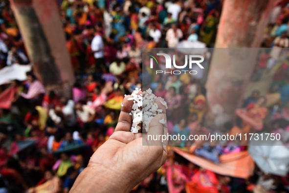 Indian devotees collect holy rice during the Annakut Utsav (Govardhan Puja) at Madan Mohon Mandir in Kolkata, India, on November 2, 2024. Pe...