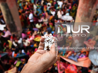 Indian devotees collect holy rice during the Annakut Utsav (Govardhan Puja) at Madan Mohon Mandir in Kolkata, India, on November 2, 2024. Pe...