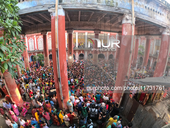 Hindu devotees participate in the 'Annakut' or 'Govardhan Puja' festival at the Madan Mohan temple in Kolkata, India, on November 2, 2024. G...