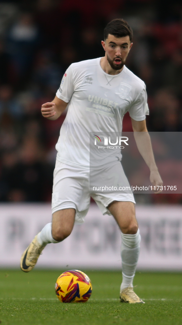 Finn Azaz of Middlesbrough wears an all-white Middlesbrough kit to highlight knife crime during the Sky Bet Championship match between Middl...