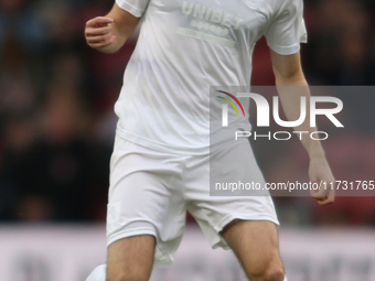 Finn Azaz of Middlesbrough wears an all-white Middlesbrough kit to highlight knife crime during the Sky Bet Championship match between Middl...