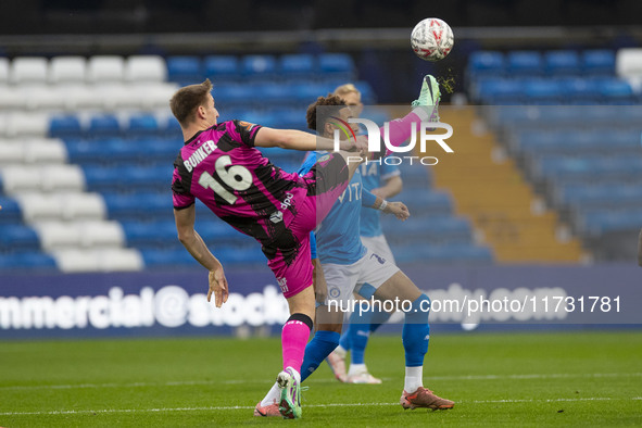 Harvey Bunker #16 of Forest Green Rovers F.C. controls the ball during the FA Cup First Round match between Stockport County and Forest Gree...