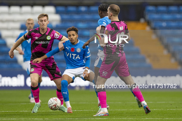 Odin Bailey, number 27 of Stockport County F.C., is in action during the FA Cup First Round match between Stockport County and Forest Green...