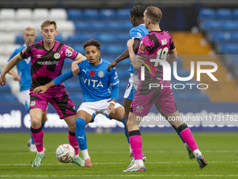 Odin Bailey, number 27 of Stockport County F.C., is in action during the FA Cup First Round match between Stockport County and Forest Green...