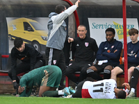 Jubril Okedina (15, Cambridge United) and Dennon Lewis (11, Woking) collide on the touchline during the FA Cup First Round match between Wok...