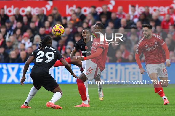 Callum Hudson-Odoi of Nottingham Forest competes with Aaron Wan-Bissaka of West Ham United during the Premier League match between Nottingha...