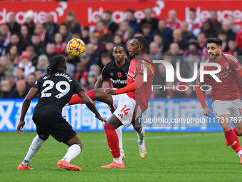 Callum Hudson-Odoi of Nottingham Forest competes with Aaron Wan-Bissaka of West Ham United during the Premier League match between Nottingha...