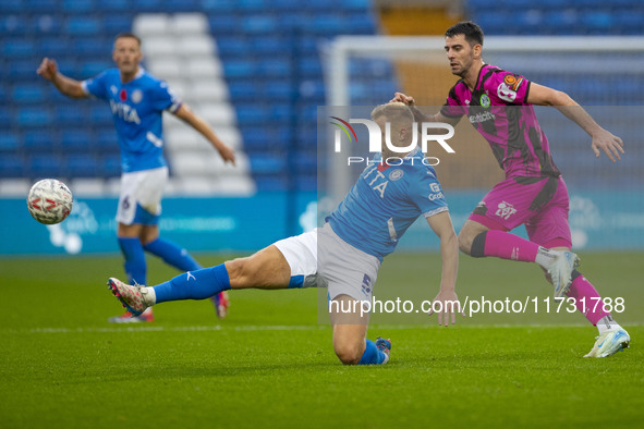 Sam Hughes #5 of Stockport County F.C. is in action during the FA Cup First Round match between Stockport County and Forest Green Rovers at...