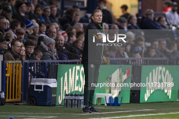 Forest Green manager Steve Cotterill gesticulates during the FA Cup First Round match between Stockport County and Forest Green Rovers at th...