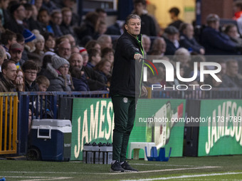 Forest Green manager Steve Cotterill gesticulates during the FA Cup First Round match between Stockport County and Forest Green Rovers at th...