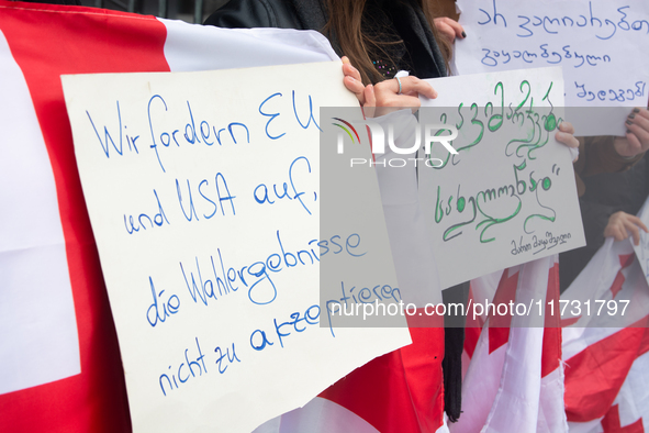 A dozen protesters gather in front of Dom Cathedral to contest the result of the Georgian election and demand a new election in Cologne, Ger...