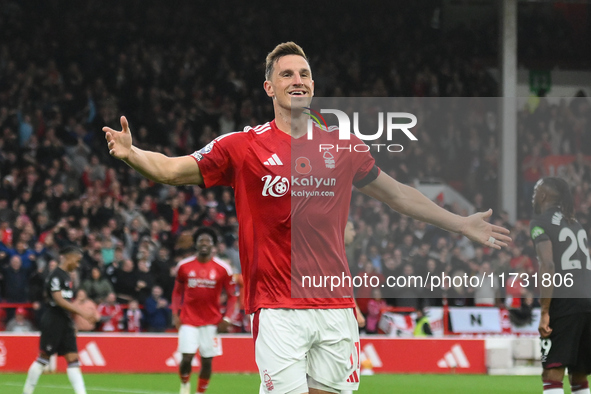 Chris Wood of Nottingham Forest celebrates after scoring a goal to make it 1-0 during the Premier League match between Nottingham Forest and...