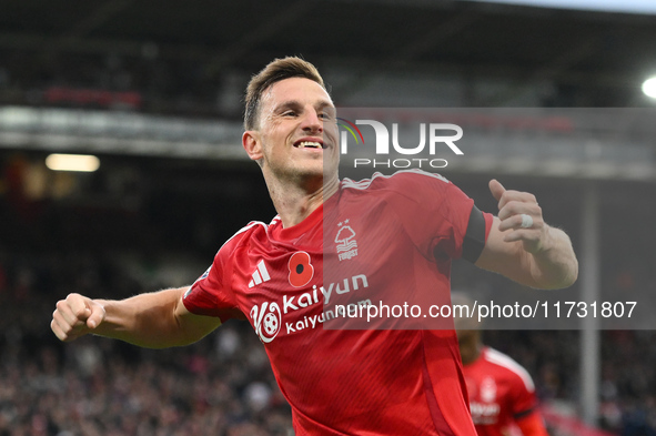 Chris Wood of Nottingham Forest celebrates after scoring a goal to make it 1-0 during the Premier League match between Nottingham Forest and...