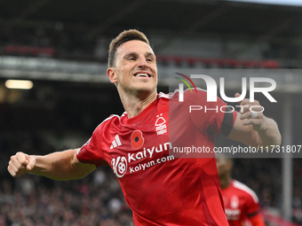 Chris Wood of Nottingham Forest celebrates after scoring a goal to make it 1-0 during the Premier League match between Nottingham Forest and...