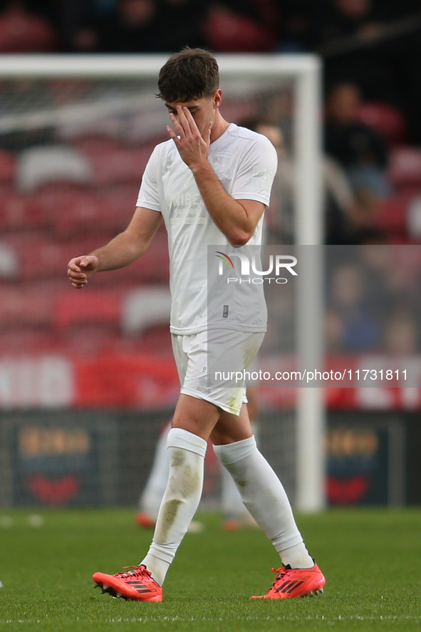 Hayden Hackney leaves the field following his red card during the Sky Bet Championship match between Middlesbrough and Coventry City at the...