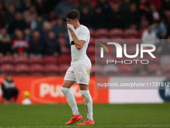 Hayden Hackney leaves the field following his red card during the Sky Bet Championship match between Middlesbrough and Coventry City at the...