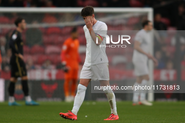 Hayden Hackney leaves the field following his red card during the Sky Bet Championship match between Middlesbrough and Coventry City at the...