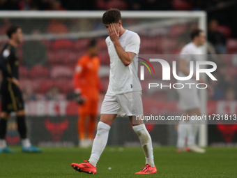 Hayden Hackney leaves the field following his red card during the Sky Bet Championship match between Middlesbrough and Coventry City at the...