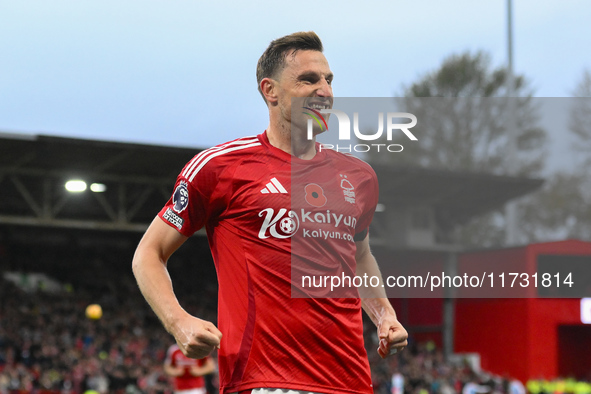 Chris Wood of Nottingham Forest celebrates after scoring a goal to make it 1-0 during the Premier League match between Nottingham Forest and...