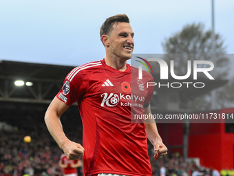 Chris Wood of Nottingham Forest celebrates after scoring a goal to make it 1-0 during the Premier League match between Nottingham Forest and...