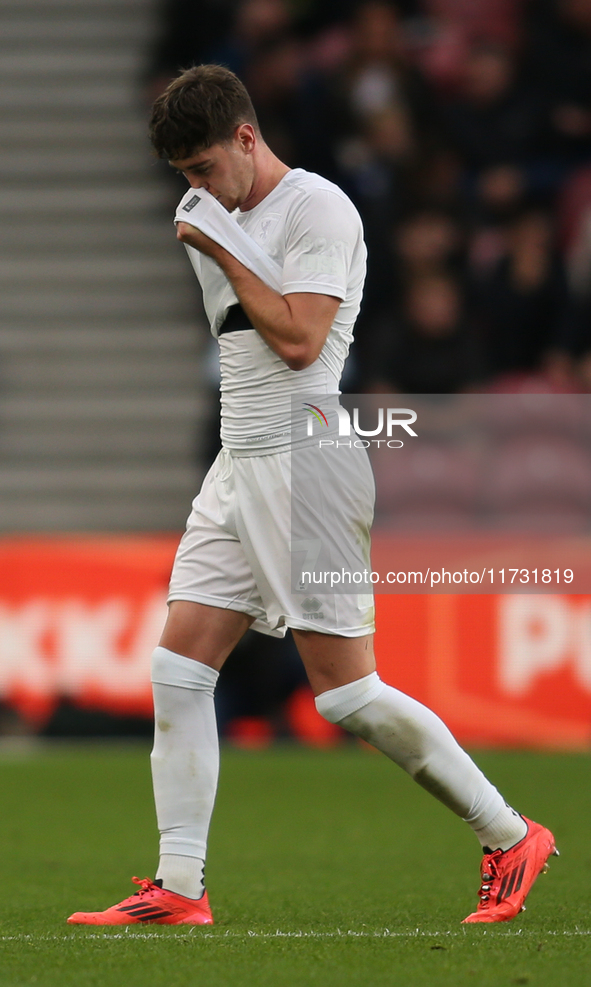 Hayden Hackney leaves the field following his red card during the Sky Bet Championship match between Middlesbrough and Coventry City at the...