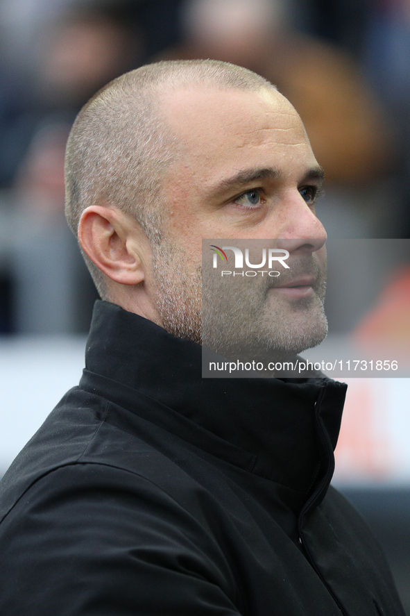 Wigan Athletic Manager Shaun Maloney is present during the FA Cup First Round match between Carlisle United and Wigan Athletic at Brunton Pa...