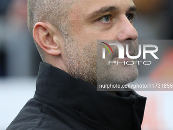 Wigan Athletic Manager Shaun Maloney is present during the FA Cup First Round match between Carlisle United and Wigan Athletic at Brunton Pa...