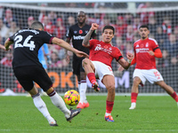 Nicolas Dominguez of Nottingham Forest attempts to block a cross from Guido Rodriguez of West Ham United during the Premier League match bet...