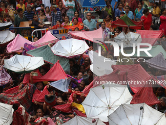 Hindu devotees hold up clothes and umbrellas to receive rice as offerings distributed by the temple authority on the occasion of the Annakut...