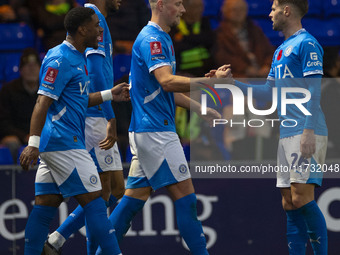 Fraser Horsfall #6 of Stockport County F.C. celebrates his goal during the FA Cup First Round match between Stockport County and Forest Gree...