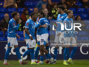 Fraser Horsfall #6 of Stockport County F.C. celebrates his goal during the FA Cup First Round match between Stockport County and Forest Gree...