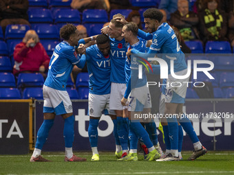 Fraser Horsfall #6 of Stockport County F.C. celebrates his goal during the FA Cup First Round match between Stockport County and Forest Gree...