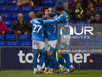 Fraser Horsfall #6 of Stockport County F.C. celebrates his goal during the FA Cup First Round match between Stockport County and Forest Gree...